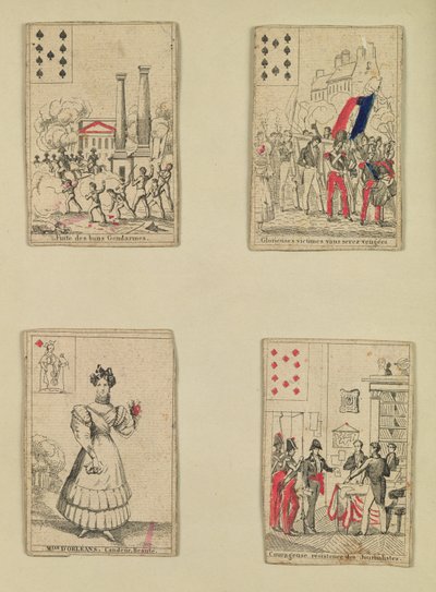 Vier Spielkarten zur Erinnerung an die Helden des Juli 1830, 1831 von French School